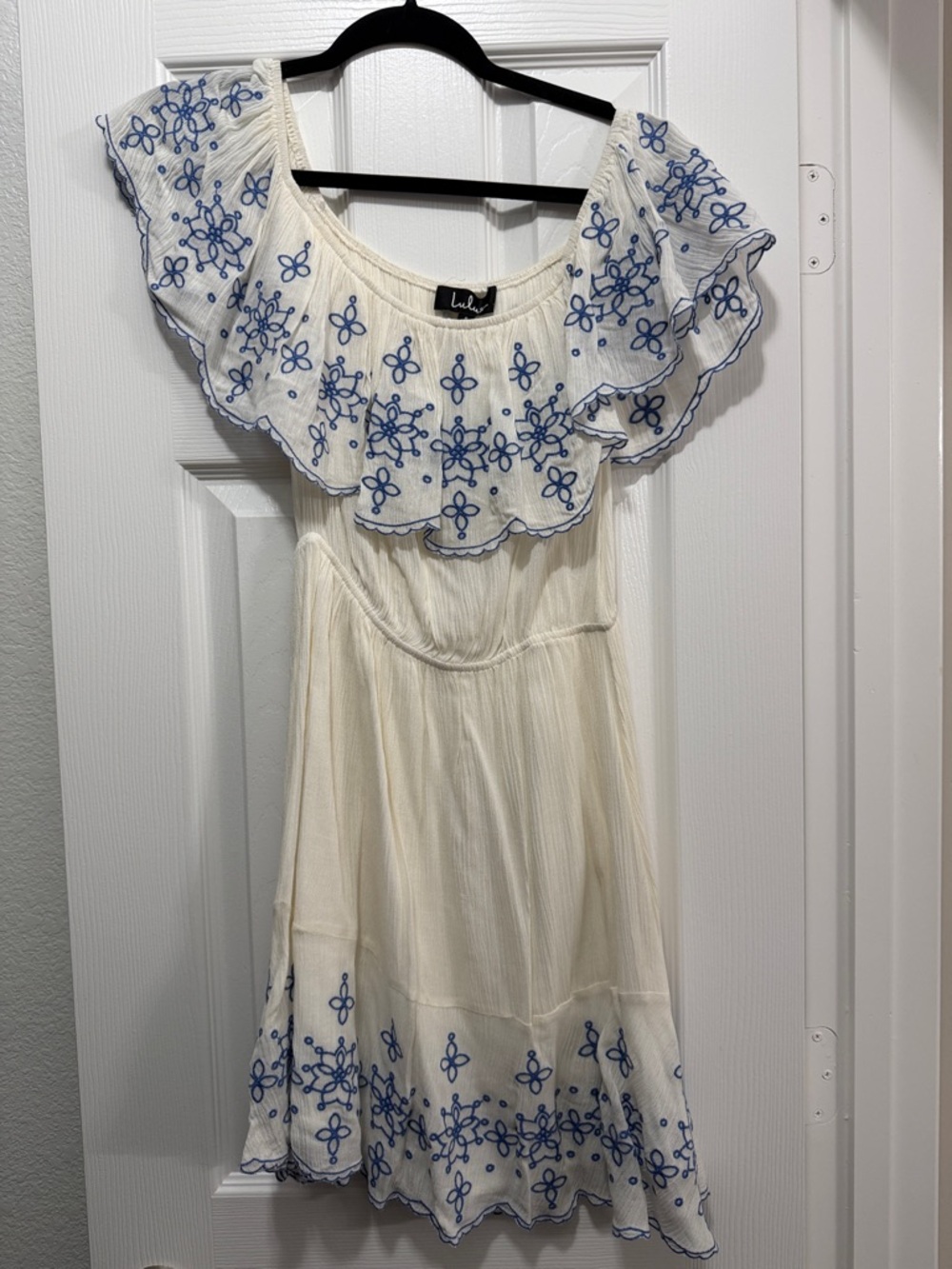 Lulu's Cream Mini Dress with Blue Embroidered Ruffle